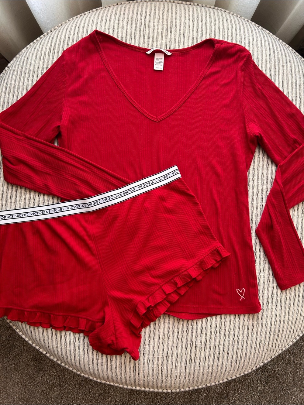 Victoria's Secret Red Ribbed V-Neck Top & Ruffle Hem Shorts Sleep Set